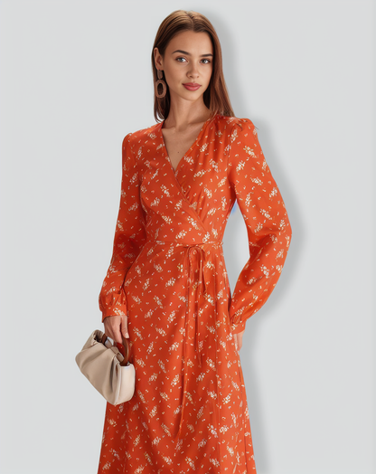 Orange Floral Wrap Midi Dress