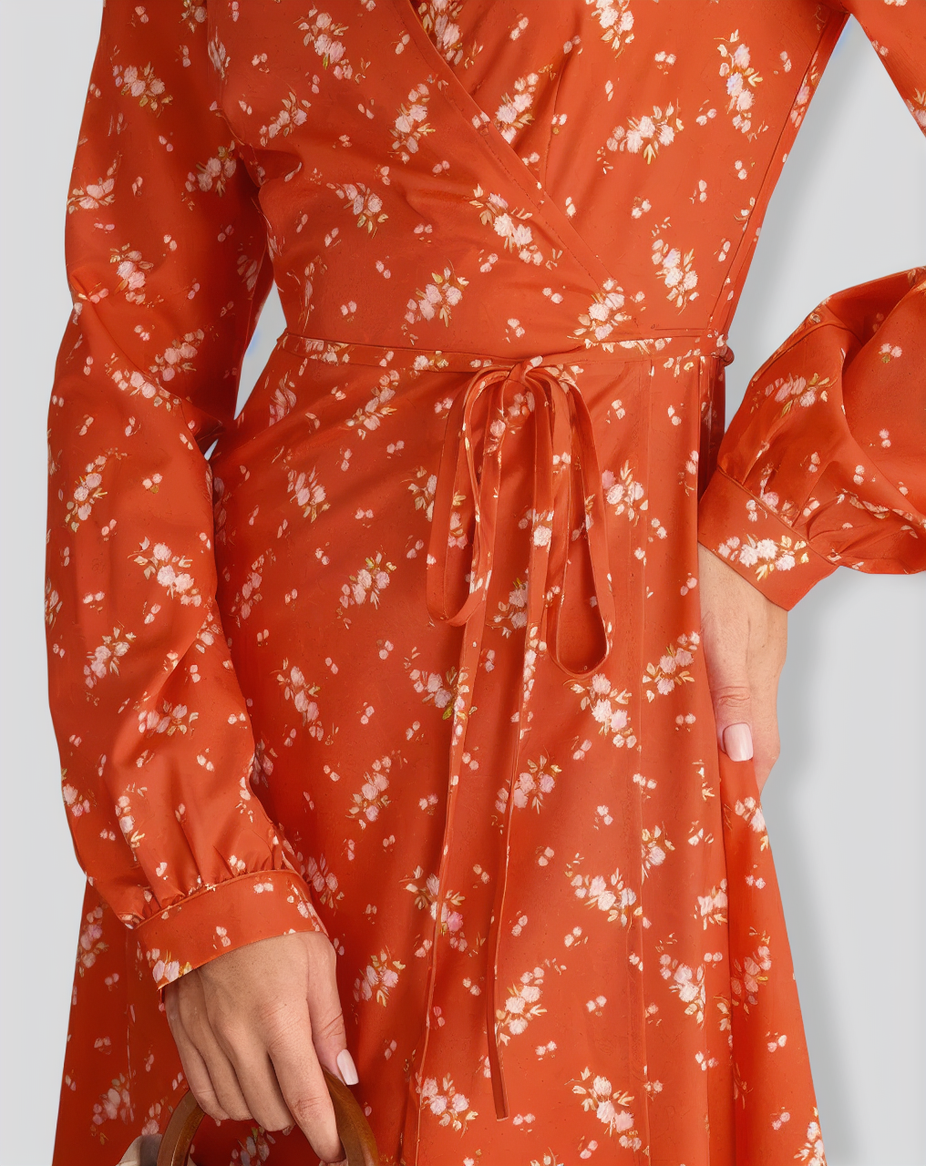 Orange Floral Wrap Midi Dress