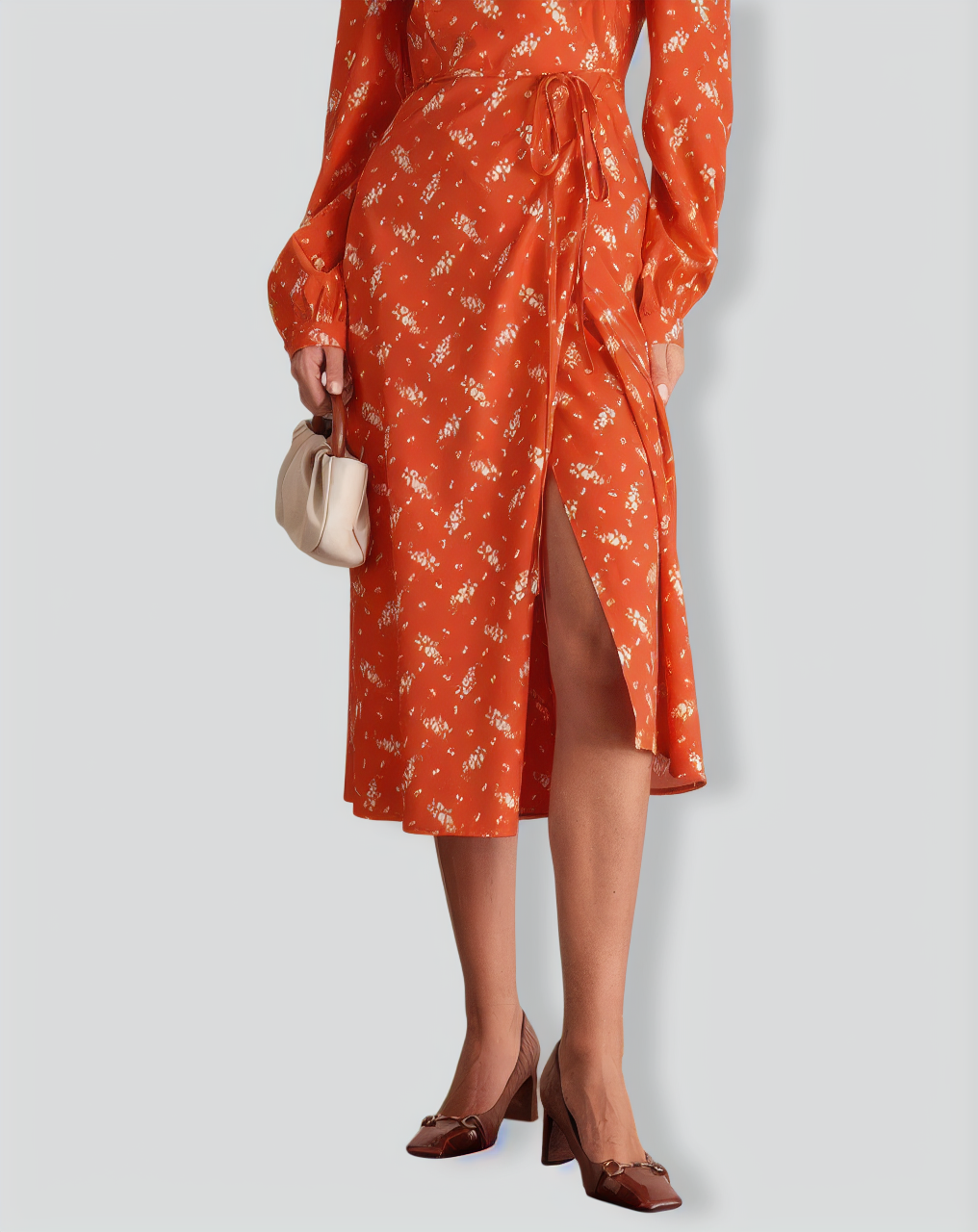 Orange Floral Wrap Midi Dress