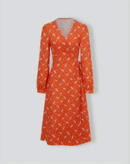 Orange Floral Wrap Midi Dress