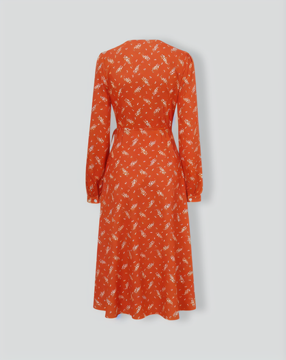 Orange Floral Wrap Midi Dress