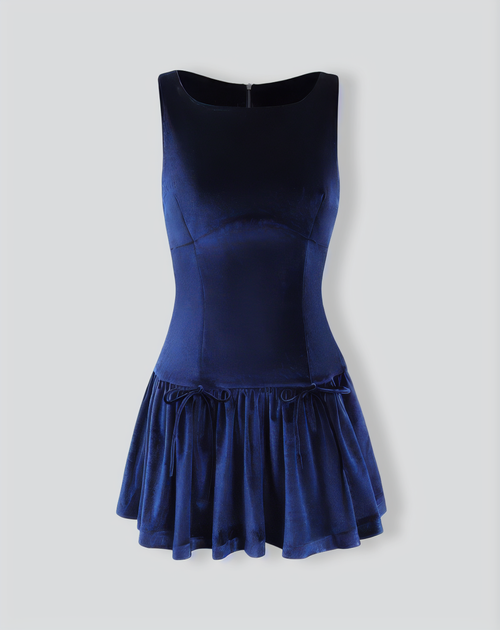 Navy Velvet Boat Neck Sleeveless Mini Dress