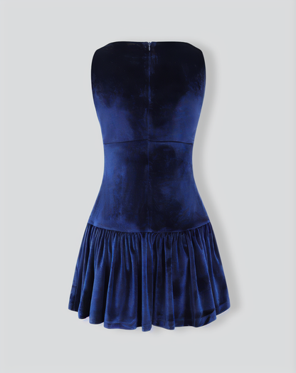 Navy Velvet Boat Neck Sleeveless Mini Dress