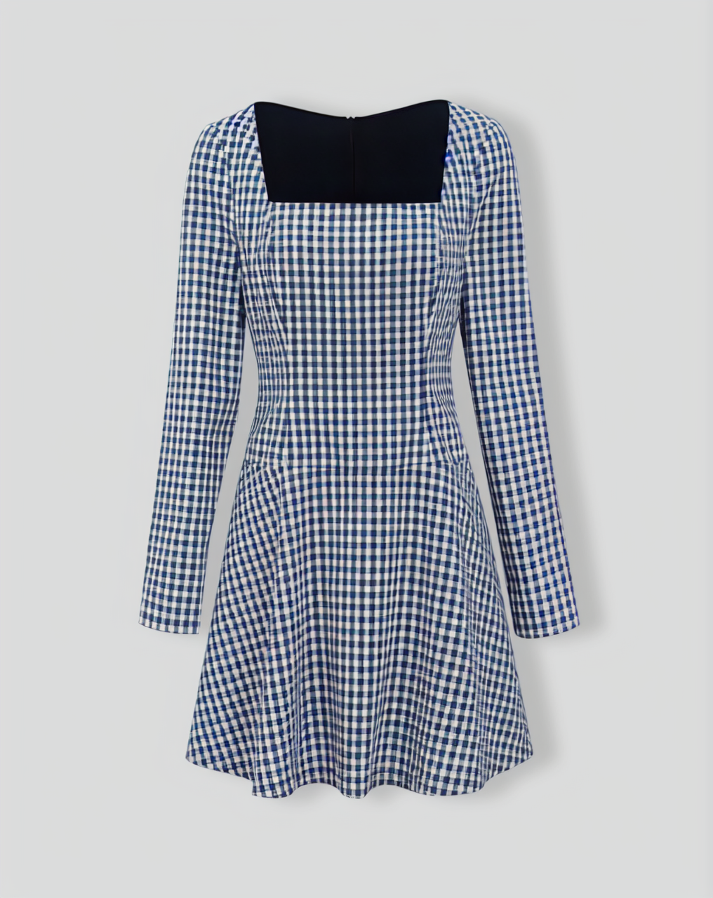 Navy Square Neck Plaid Mini Dress