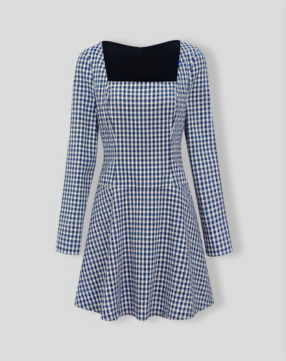 Navy Square Neck Plaid Mini Dress