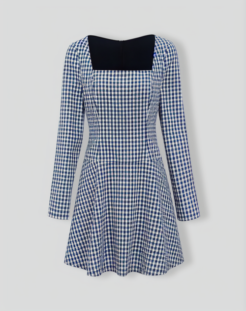 Navy Square Neck Plaid Mini Dress