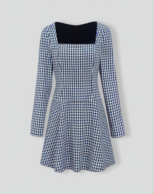 Navy Square Neck Plaid Mini Dress
