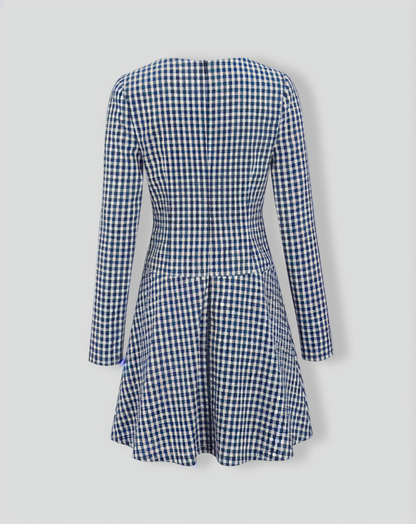 Navy Square Neck Plaid Mini Dress