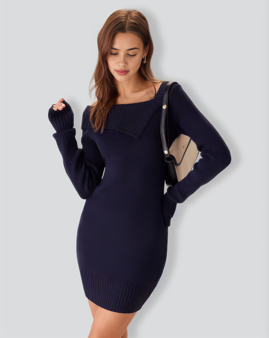 Navy Off The Shoulder Bodycon Sweater Dress
