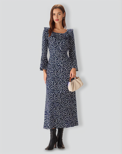 Blue Floral Ruffle Chiffon Maxi Dress