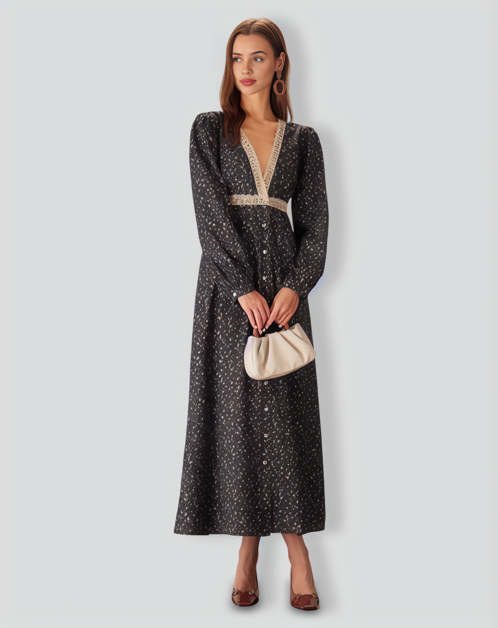 Black Floral V-Neck Lantern Sleeve Maxi Dress