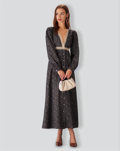 Black Floral V-Neck Lantern Sleeve Maxi Dress