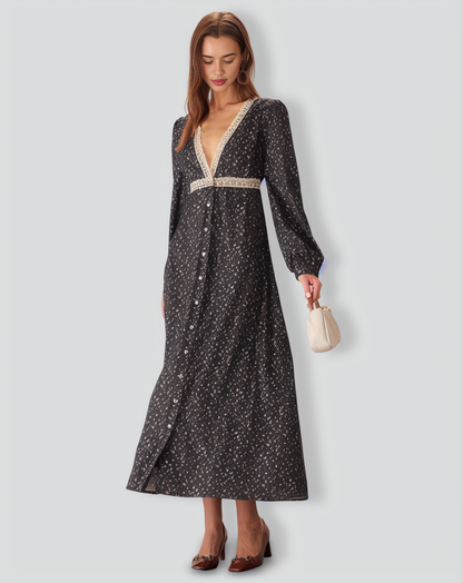 Black Floral V-Neck Lantern Sleeve Maxi Dress