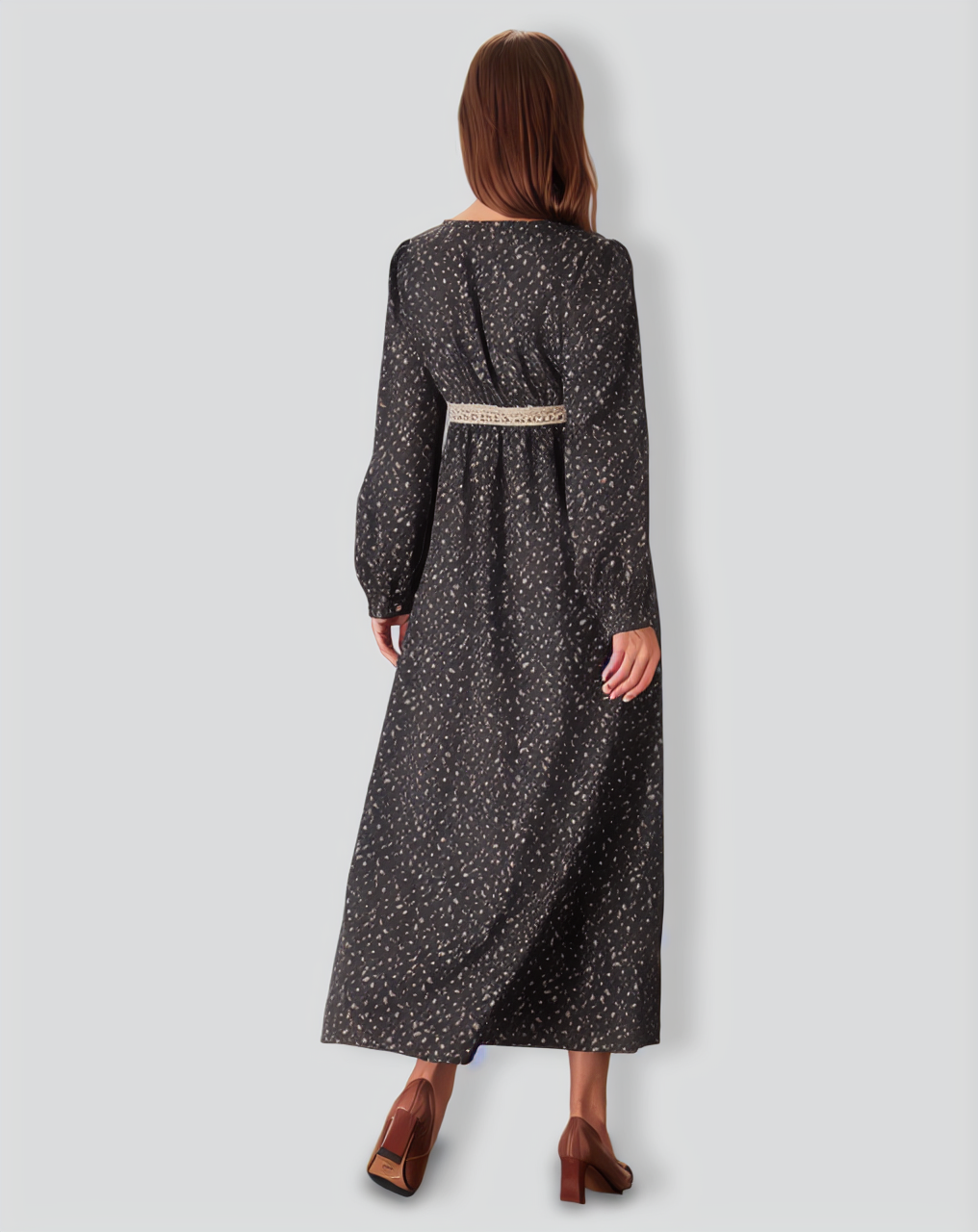 Black Floral V-Neck Lantern Sleeve Maxi Dress