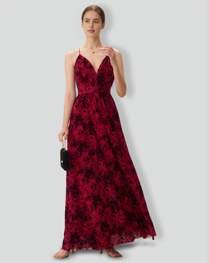 Red Floral Flocked Mesh Slit Maxi Dress