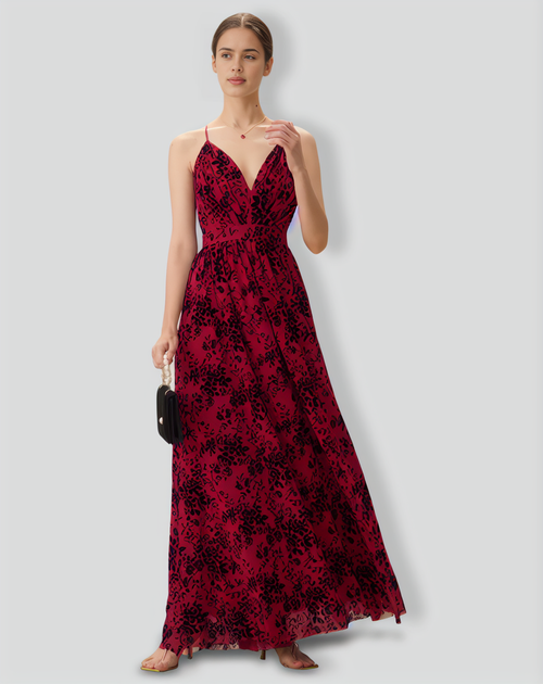 Red Floral Flocked Mesh Slit Maxi Dress