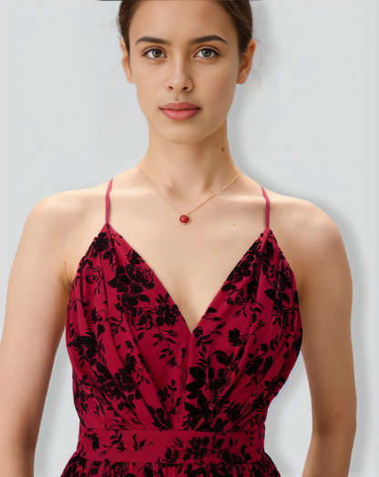 Red Floral Flocked Mesh Slit Maxi Dress