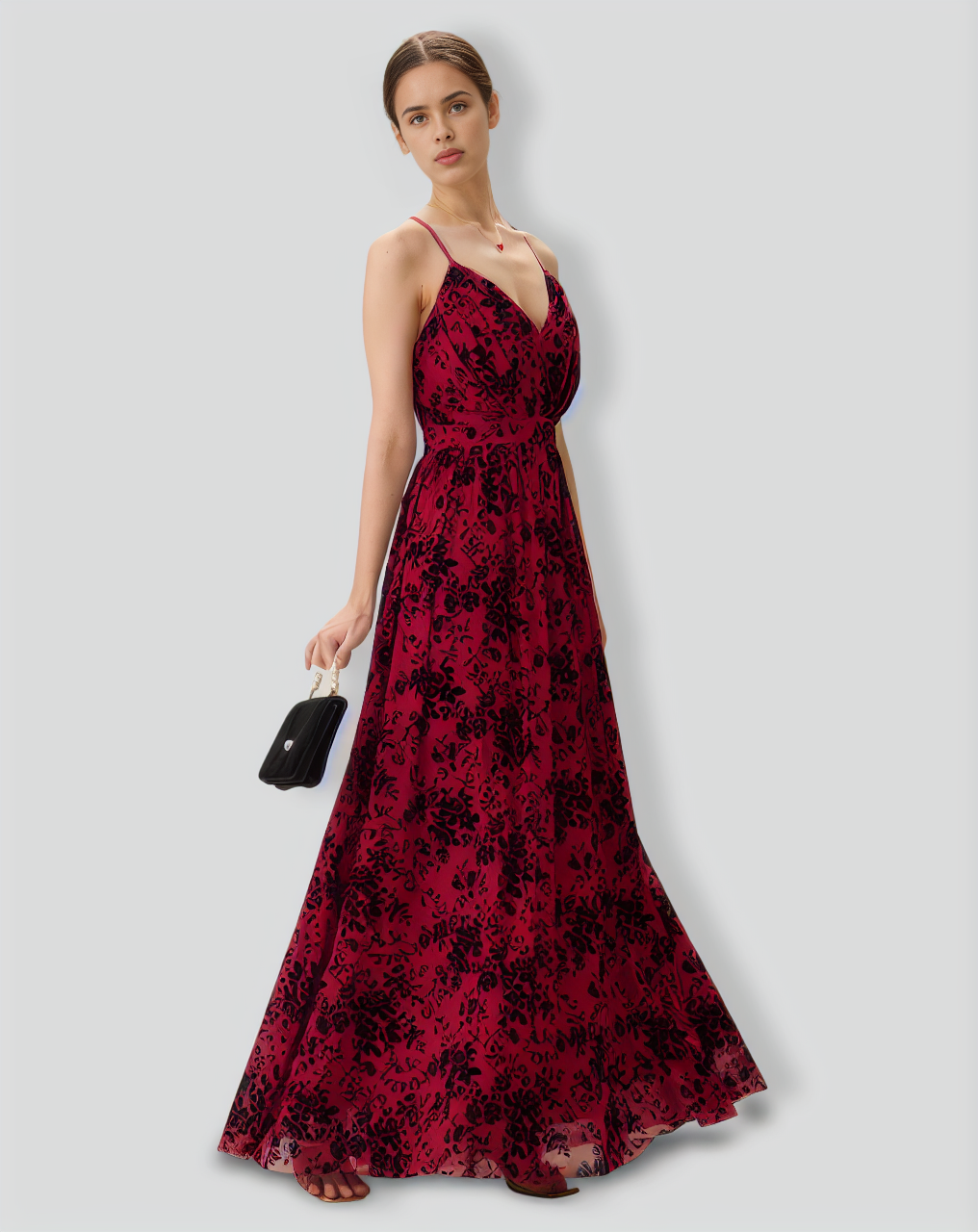 Red Floral Flocked Mesh Slit Maxi Dress