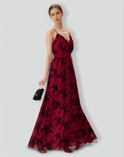 Red Floral Flocked Mesh Slit Maxi Dress