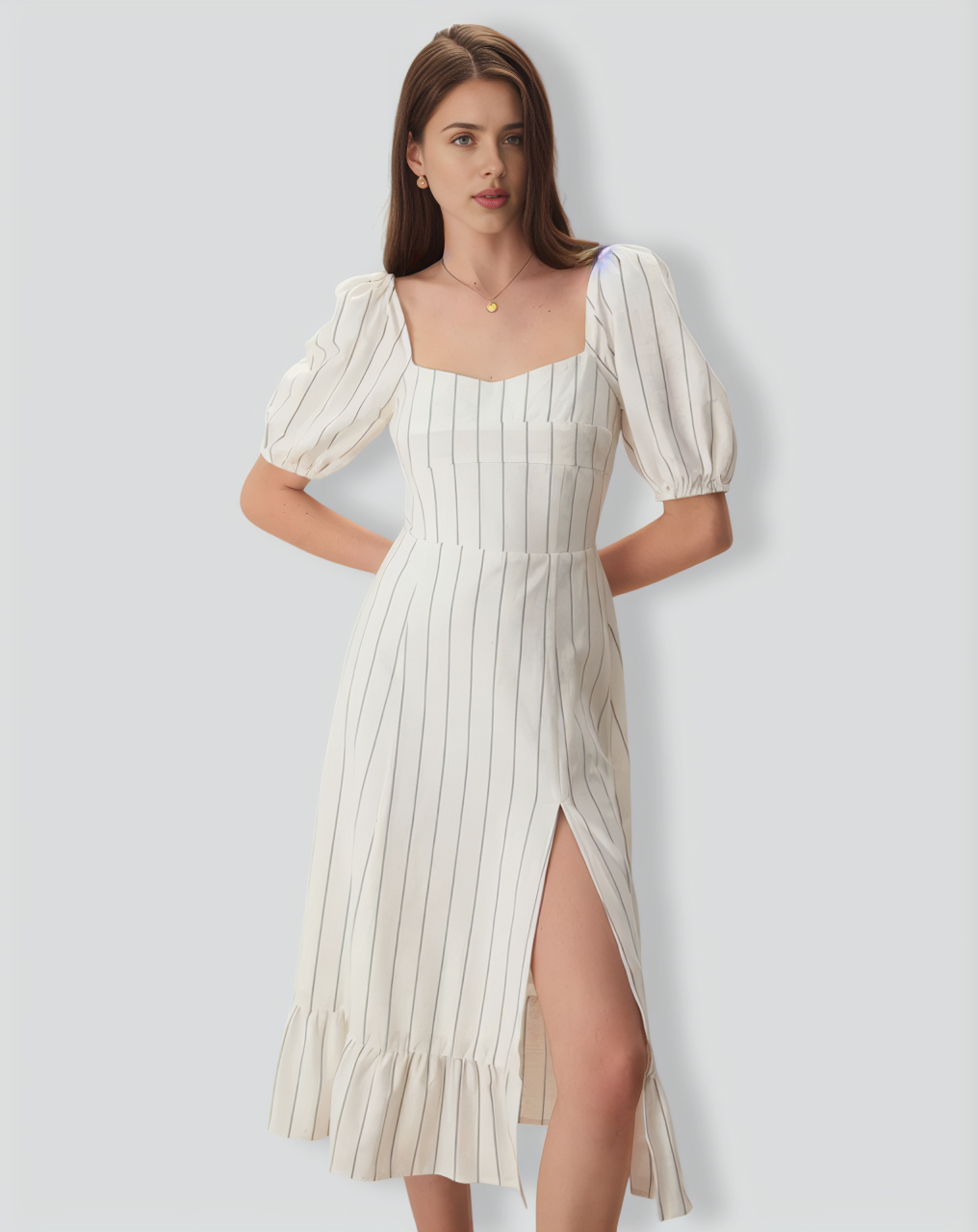 The Beige Puff Sleeve Striped Split Cotton Midi Dress