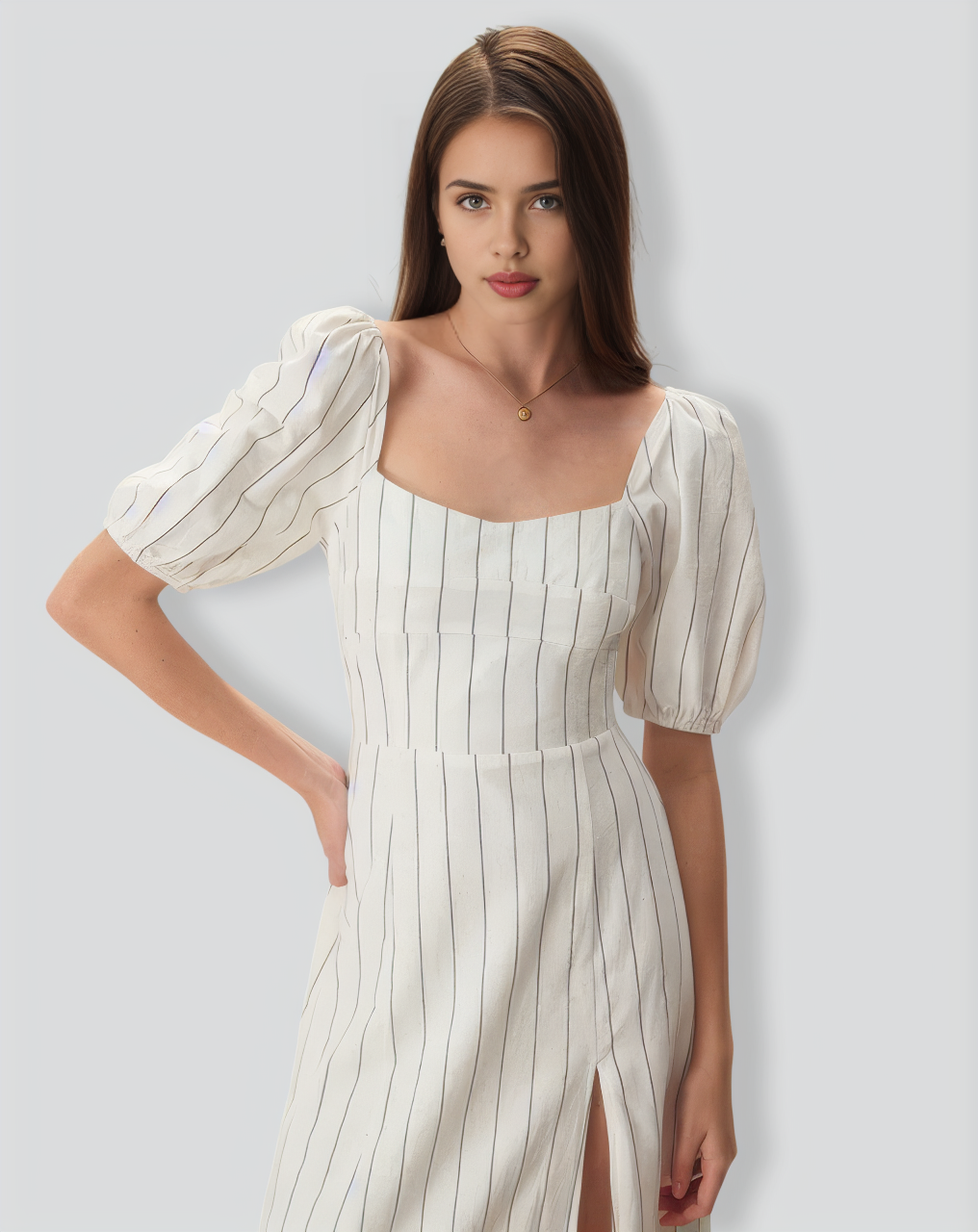 The Beige Puff Sleeve Striped Split Cotton Midi Dress