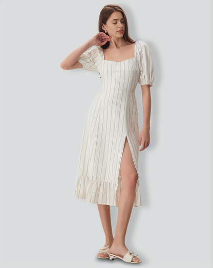 The Beige Puff Sleeve Striped Split Cotton Midi Dress