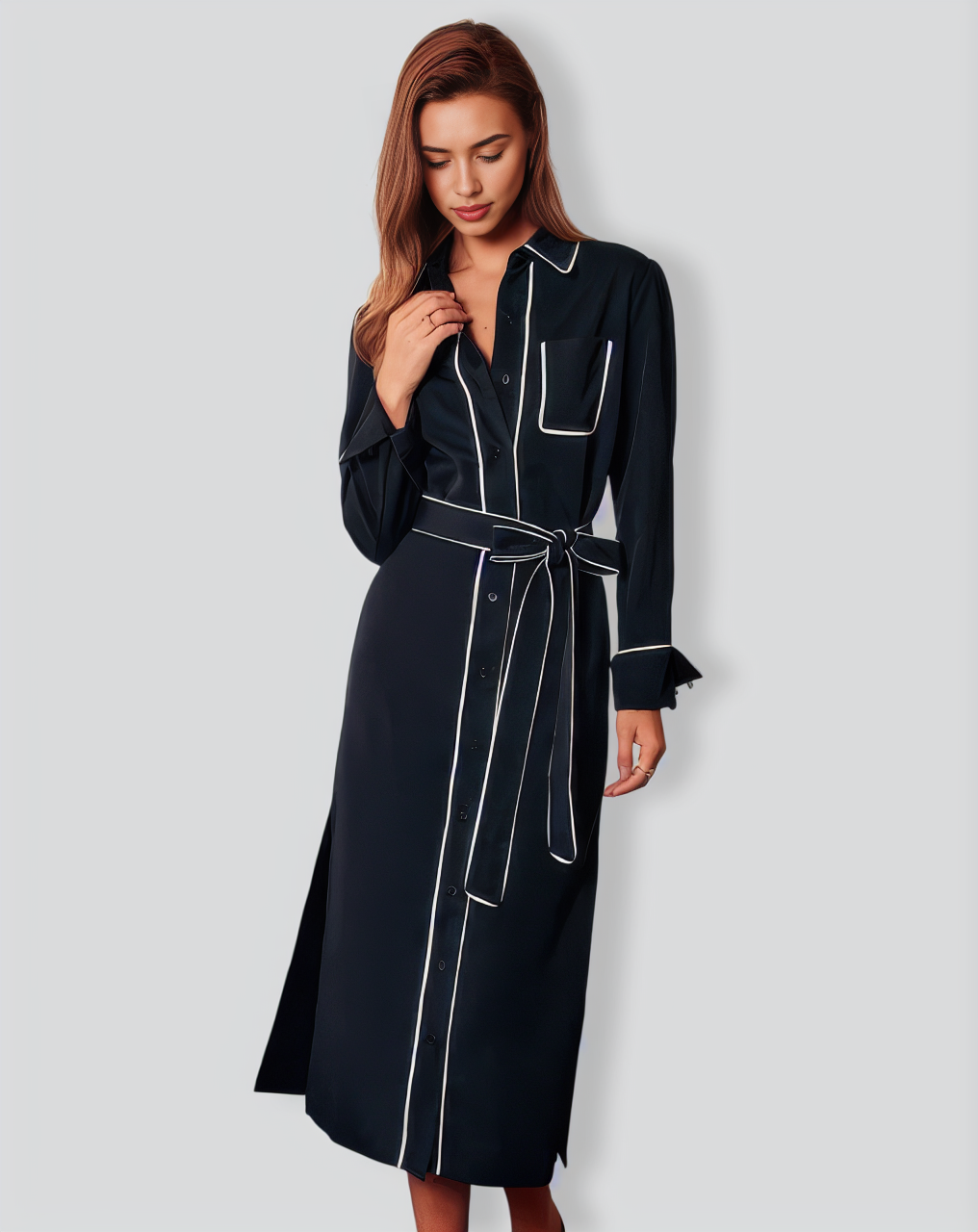 The Black Contrast Belted Shirt Midi Dress