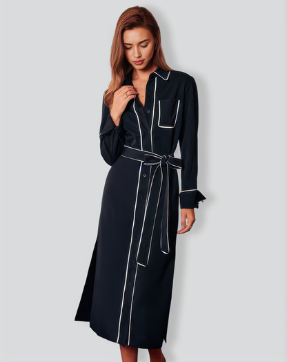 The Black Contrast Belted Shirt Midi Dress