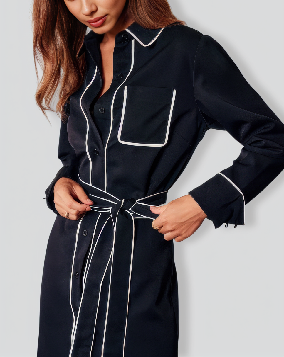 The Black Contrast Belted Shirt Midi Dress