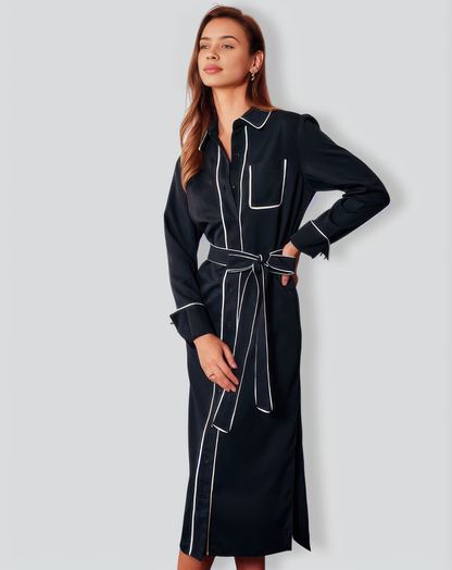 The Black Contrast Belted Shirt Midi Dress