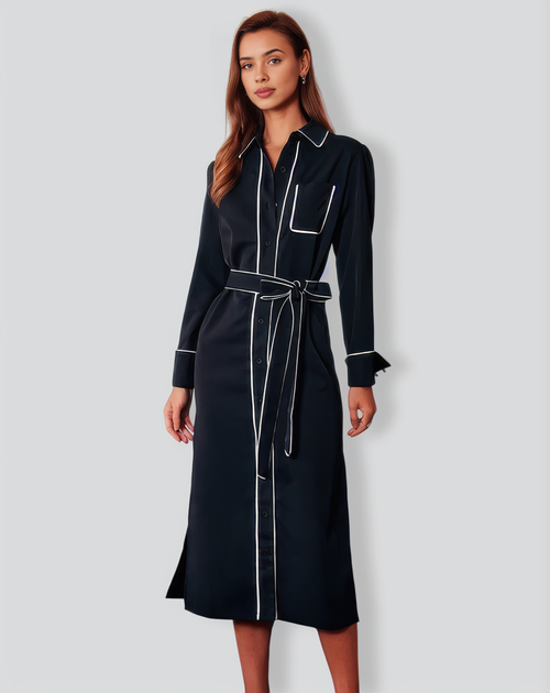 The Black Contrast Belted Shirt Midi Dress