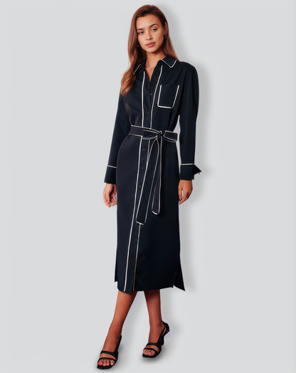 The Black Contrast Belted Shirt Midi Dress