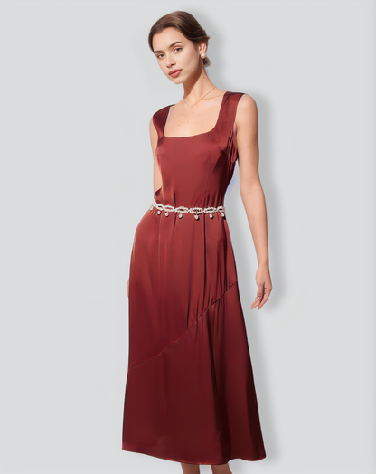 The Coffee Square Neck Sleeveless Satin Midi Dress