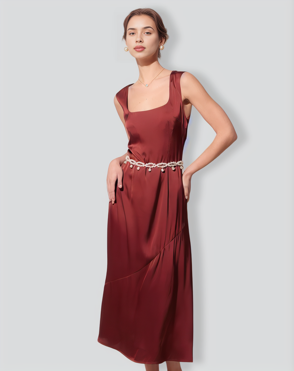 The Coffee Square Neck Sleeveless Satin Midi Dress