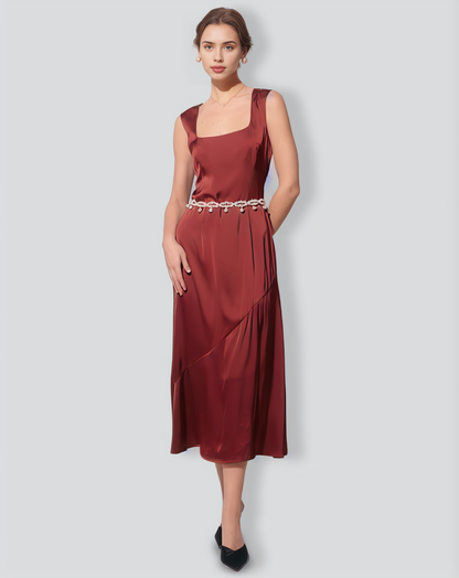 The Coffee Square Neck Sleeveless Satin Midi Dress