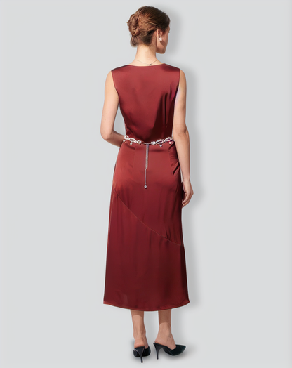 The Coffee Square Neck Sleeveless Satin Midi Dress