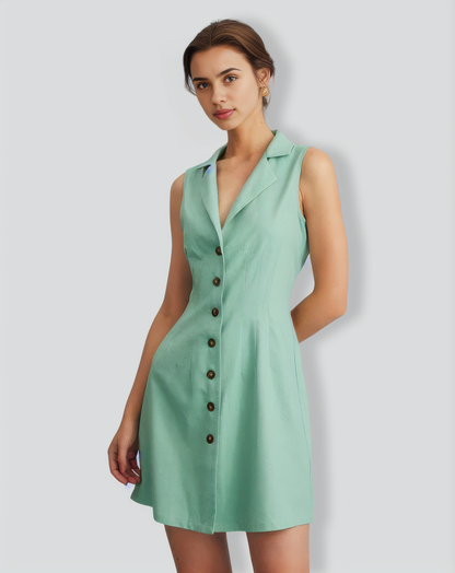 The Green Lapel Button-up Sleeveless Mini Dress