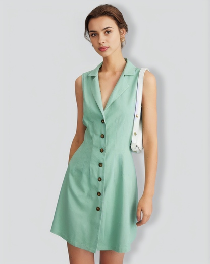 The Green Lapel Button-up Sleeveless Mini Dress