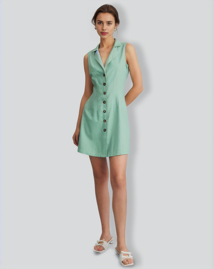 The Green Lapel Button-up Sleeveless Mini Dress
