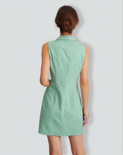 The Green Lapel Button-up Sleeveless Mini Dress