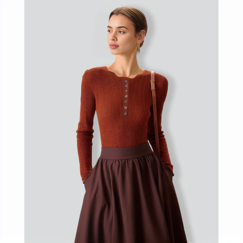 Women's Brown Round Neck Slim Sweater