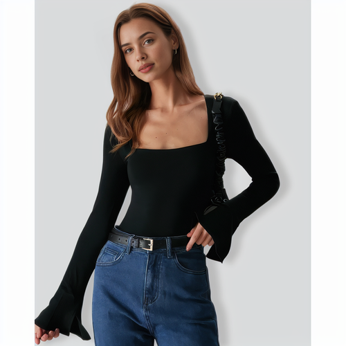 The Black Square Neck Slit Flare Sleeve Tee