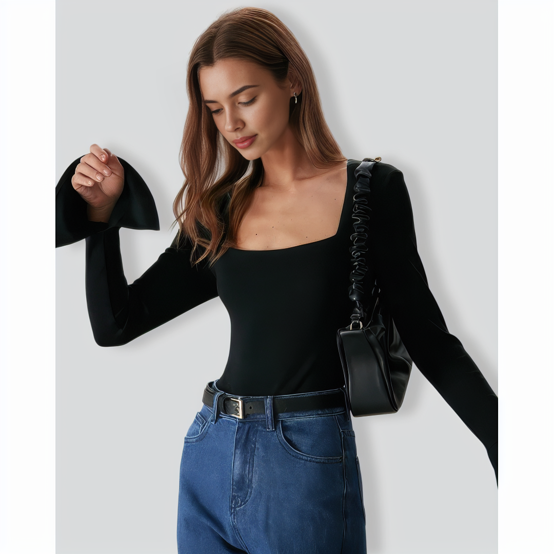 The Black Square Neck Slit Flare Sleeve Tee