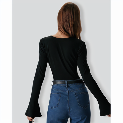 The Black Square Neck Slit Flare Sleeve Tee