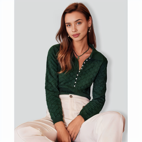 The Dark Green Lapel Ribbed Textured Knit Top