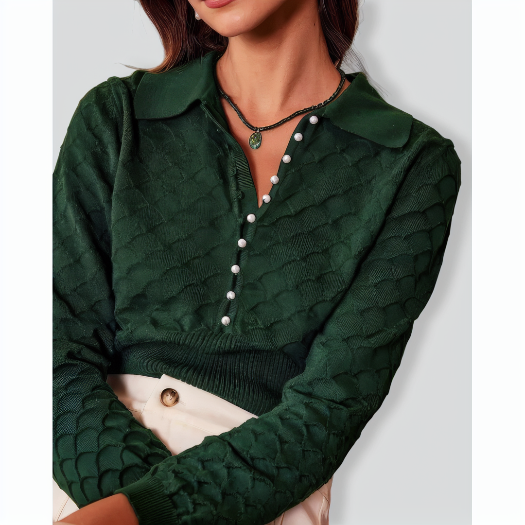 The Dark Green Lapel Ribbed Textured Knit Top