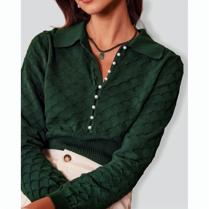The Dark Green Lapel Ribbed Textured Knit Top