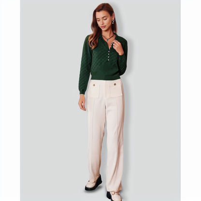 The Dark Green Lapel Ribbed Textured Knit Top