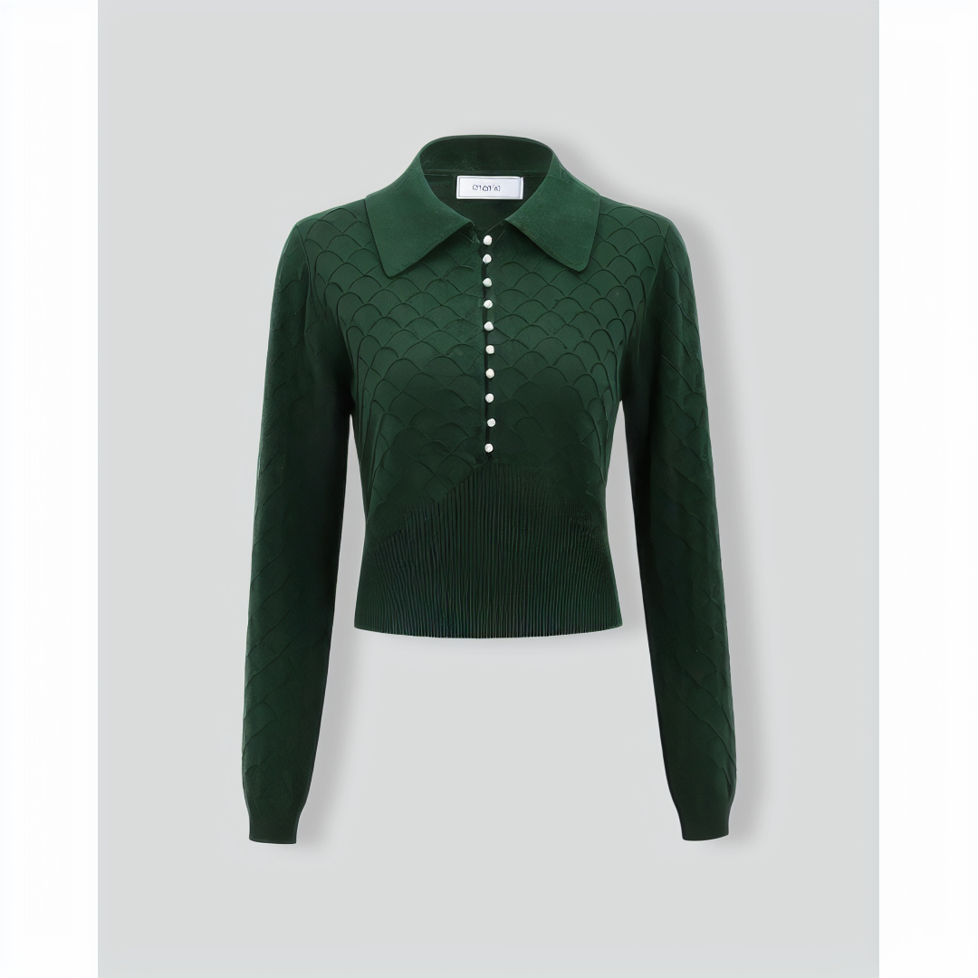 The Dark Green Lapel Ribbed Textured Knit Top