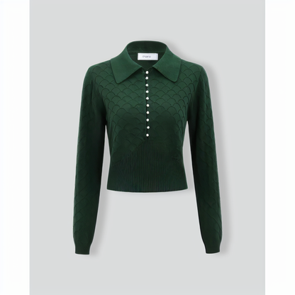 The Dark Green Lapel Ribbed Textured Knit Top